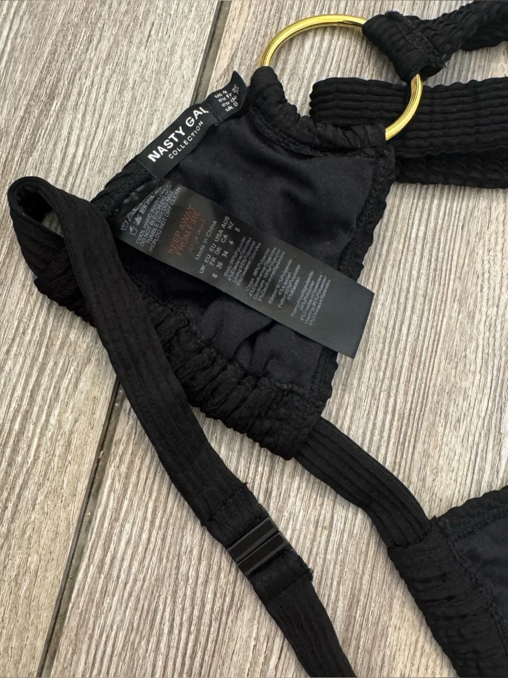 Nasty Gal Black Ribbed Bikini with Gold Ring Detail